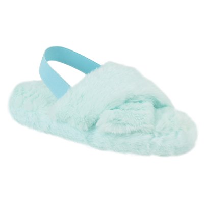 LADIES CROSSOVER FLUFFY SLIDER (PALE BLUE)