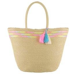 BB1168 PAPERSTRAW BEACH BAG WITH POM POMS (CREAM)