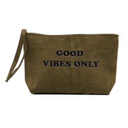 BB1228 ''GOOD VIBES ONLY'' SUEDE EMBROIDERED KHAKI POUCH