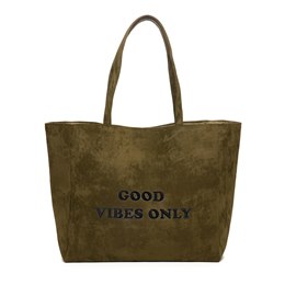 BB1230 ''GOOD VIBES ONLY'' SUEDE EMBROIDERED KHAKI TOTE BAG