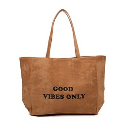 BB1231 ''GOOD VIBES ONLY'' SUEDE EMBROIDERED TAN TOTE BAG