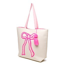 BB1257 PINK BOW PRINTED TOTE BAG WITH TASSLE