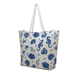 BB1258 BLUE & WHITE SHELL PRINTED BEACH BAG
