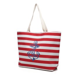BB1264 RED STRIPED ANCHOR PRINT BEACH BAG