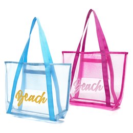 BB1268 CLEAR NET SUMMER BEACH BAG (BLUE & PINK)