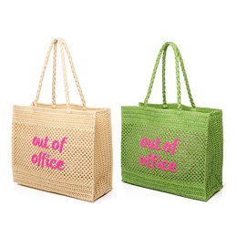 BB1273 WOVEN ''OUT OF OFFICE'' BEACH BAG (GREEN & WHITE)