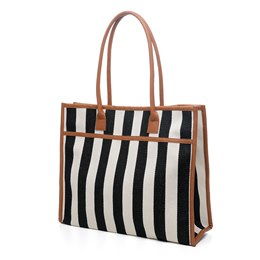 BB1283 LADIES BLACK & WHITE STRIPE BROWN HANDLE TOTE BAG