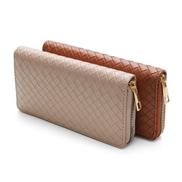 BB1294 LADIES LARGE WOVEN DETAIL PURSE (BROWN/CREAM)