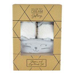 FT2209 LADIES CAT SLIPPER/EYEMASK GIFT SET