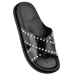 FT2269 LADIES CROSSOVER STRAP STUD SANDAL (BLACK)