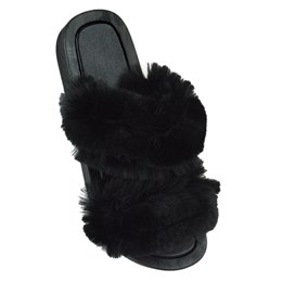 FT2273 LADIES DOUBLE STRAP FLUFFY SLIDER (BLACK)