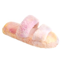 FT2300 LADIES DOUBLE STRAP FLUFFY SLIDER PINK/ORANGE)