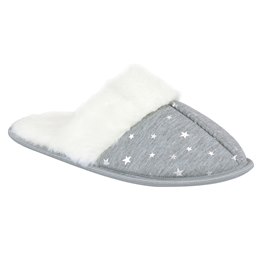 FT2416 LADIES FUR LINED FOIL STAR PRINT SLIPPER (GREY)