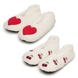 FT2622 LADIES BORG HEART & CHERRY ASSORTED SOFT SOLE SLIPPER