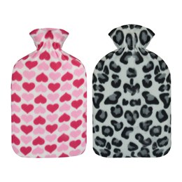 HH0326 2 LITRE HEART AND LEOPARD FLEECE HOTWATER BOTTLE